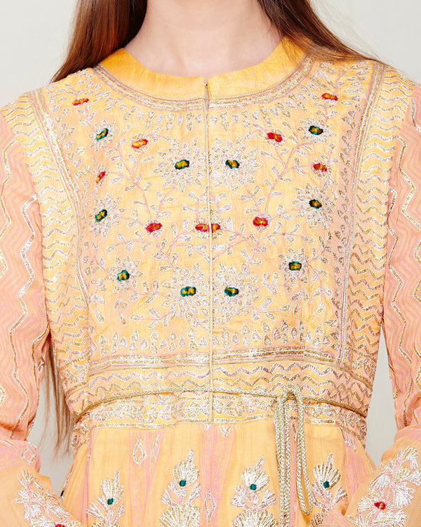 YELLOW PINK MULTI COLORED BLOCK PRINTED GOTA EMBROIDERED ANARKALI