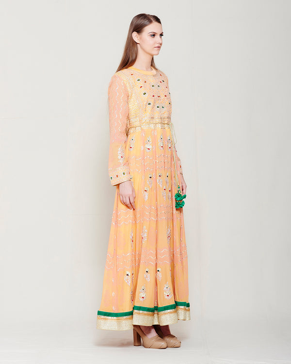 YELLOW PINK MULTI COLORED BLOCK PRINTED GOTA EMBROIDERED ANARKALI