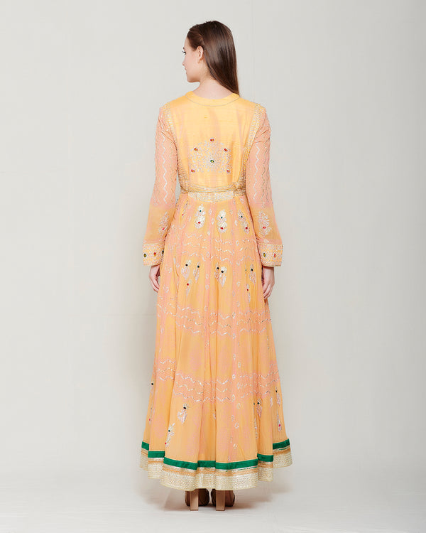 YELLOW PINK MULTI COLORED BLOCK PRINTED GOTA EMBROIDERED ANARKALI