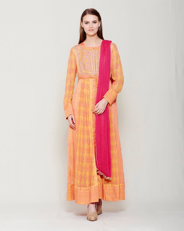 ORANGE PINK BLOCK PRINTED ANARKALI WITH GOTA THREAD WORK