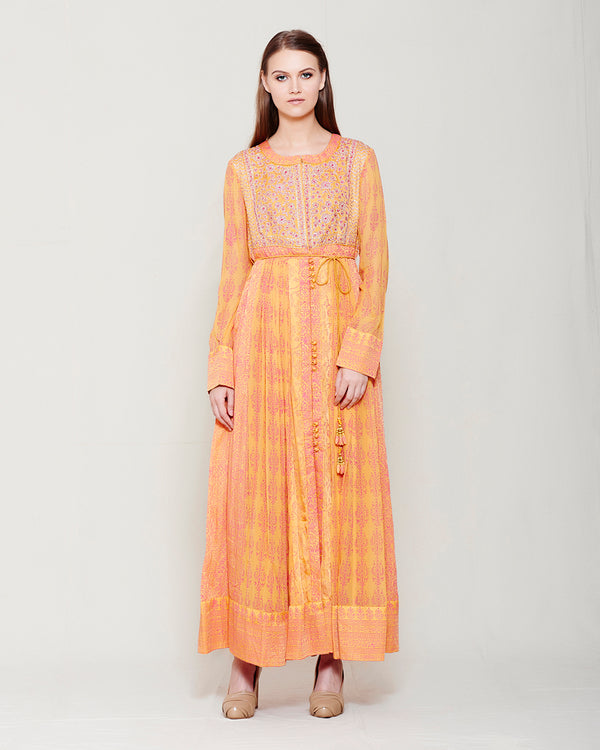 ORANGE PINK BLOCK PRINTED ANARKALI WITH GOTA THREAD WORK