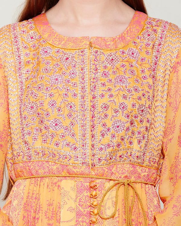 ORANGE PINK BLOCK PRINTED ANARKALI WITH GOTA THREAD WORK