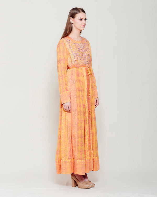 ORANGE PINK BLOCK PRINTED ANARKALI WITH GOTA THREAD WORK