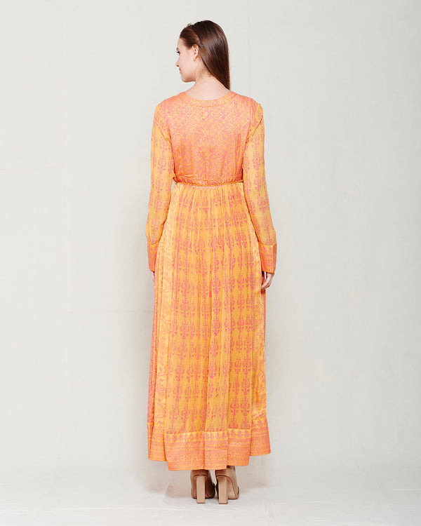 ORANGE PINK BLOCK PRINTED ANARKALI WITH GOTA THREAD WORK