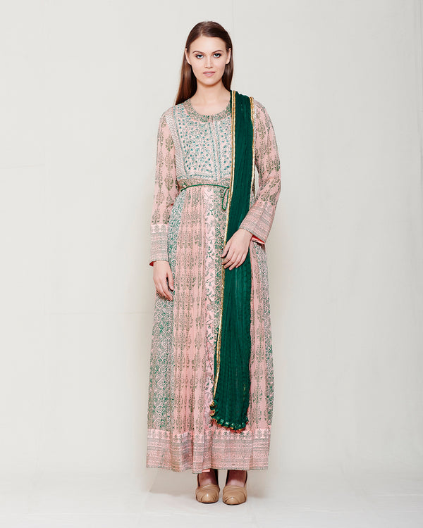 PINK &amp; GREEN BLOCK PRINTED ANARKALI WITH GOTA THREAD WORK