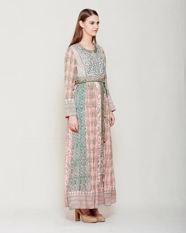 PINK &amp; GREEN BLOCK PRINTED ANARKALI WITH GOTA THREAD WORK