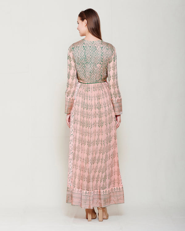 PINK &amp; GREEN BLOCK PRINTED ANARKALI WITH GOTA THREAD WORK