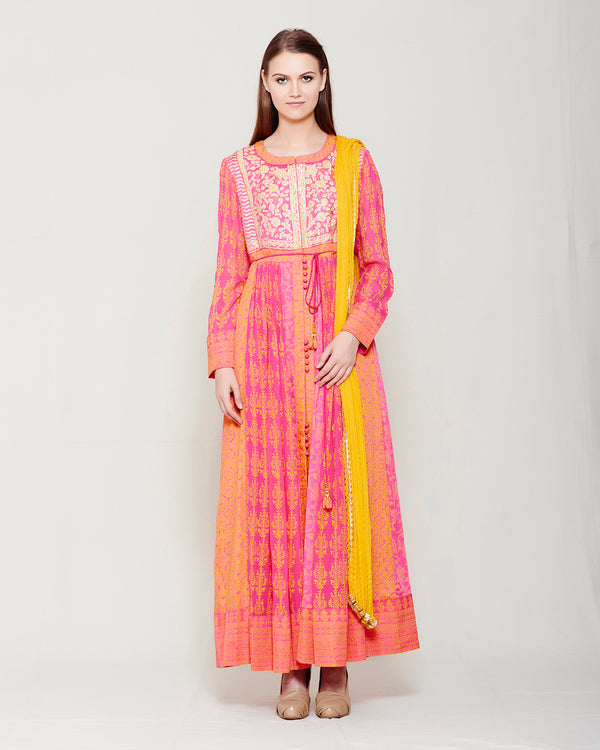 PINK ORANGE BLOCK PRINTED ANARKALI WITH GOTA THREAD WORK