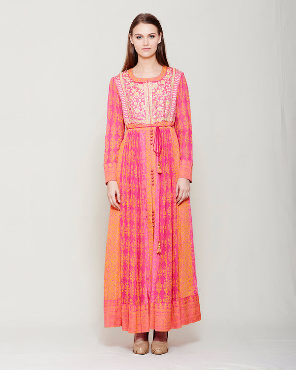 PINK ORANGE BLOCK PRINTED ANARKALI WITH GOTA THREAD WORK