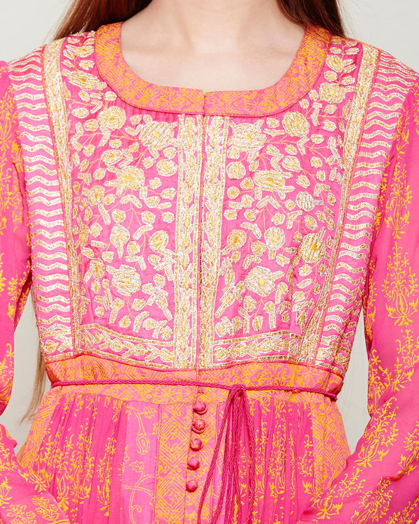 PINK ORANGE BLOCK PRINTED ANARKALI WITH GOTA THREAD WORK