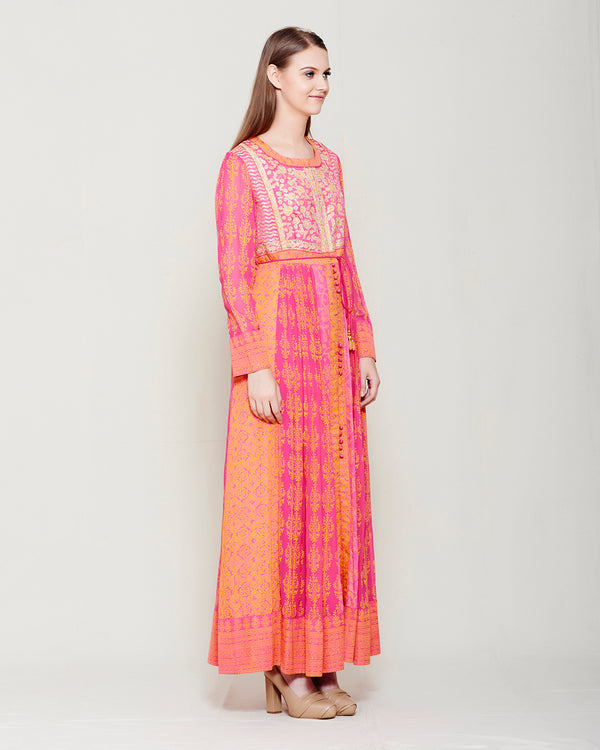 PINK ORANGE BLOCK PRINTED ANARKALI WITH GOTA THREAD WORK