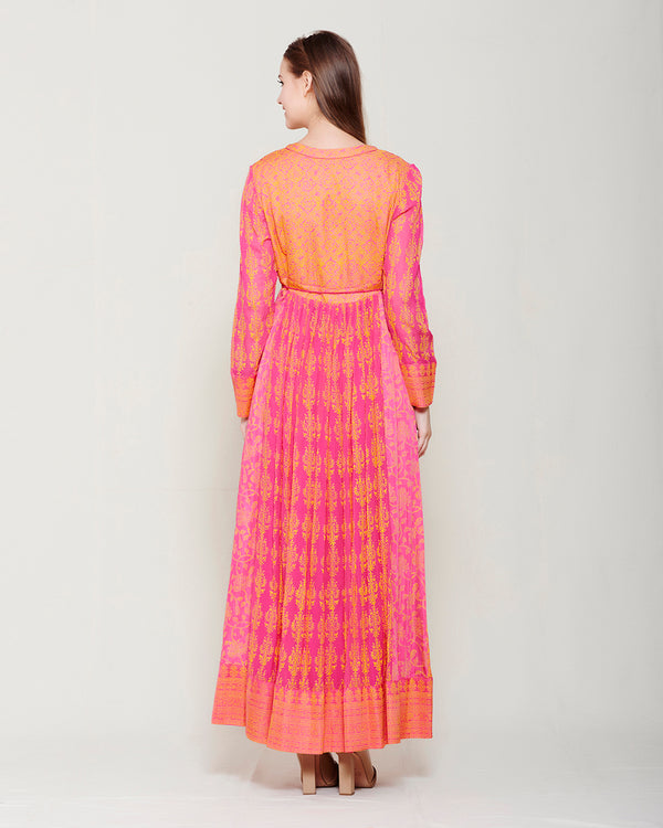 PINK ORANGE BLOCK PRINTED ANARKALI WITH GOTA THREAD WORK