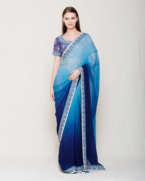 SMOKE BLUE ZARDOZI THREAD WORK SAREE BLOUSE