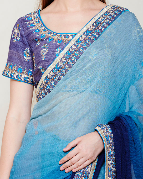 SMOKE BLUE ZARDOZI THREAD WORK SAREE BLOUSE