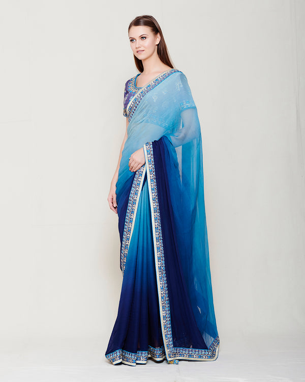 SMOKE BLUE ZARDOZI THREAD WORK SAREE BLOUSE