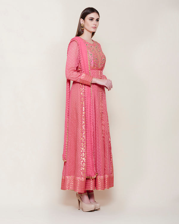 Dark Coral Pink Anarkali Set.