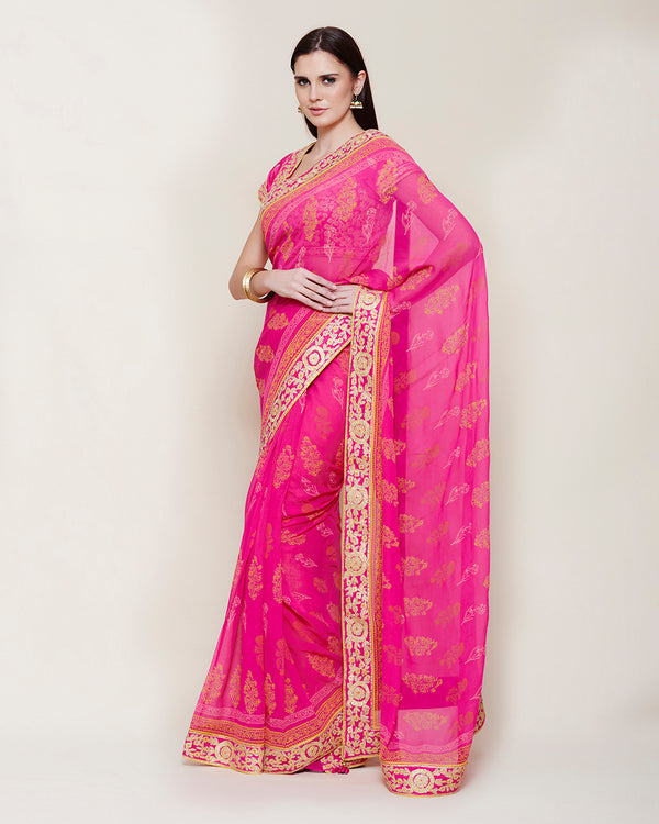 PINK YELLOW GOTA PRINTED SAREE