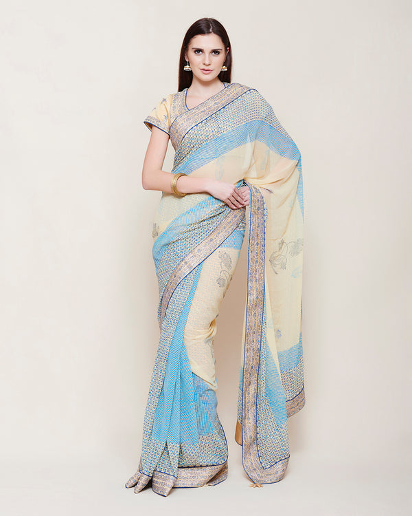 BEIGE BLUE GOTA PRINTED SARI