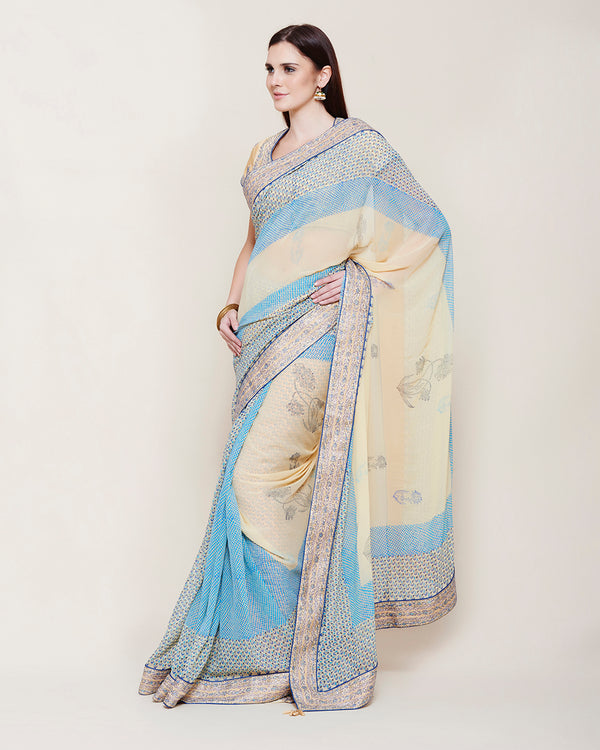 BEIGE BLUE GOTA PRINTED SARI