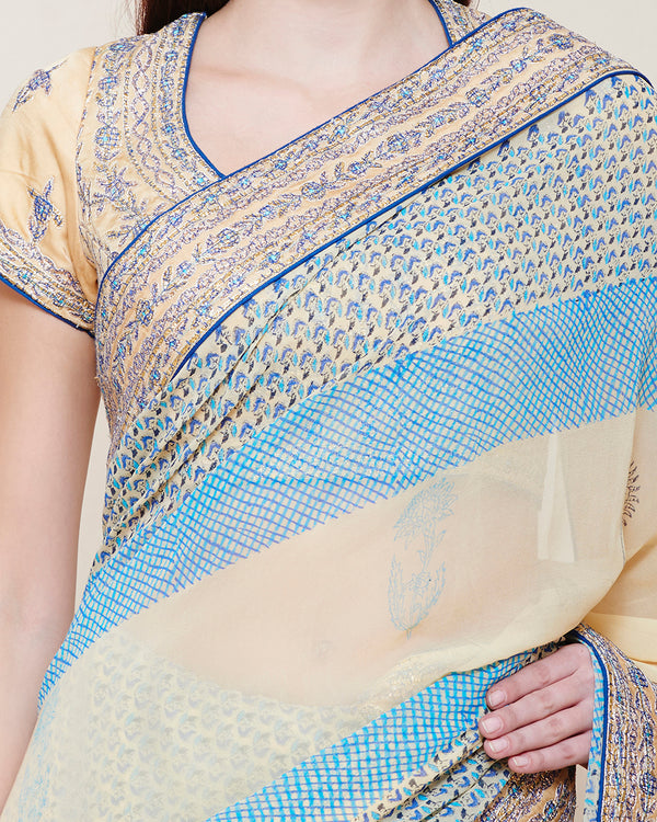 BEIGE BLUE GOTA PRINTED SARI