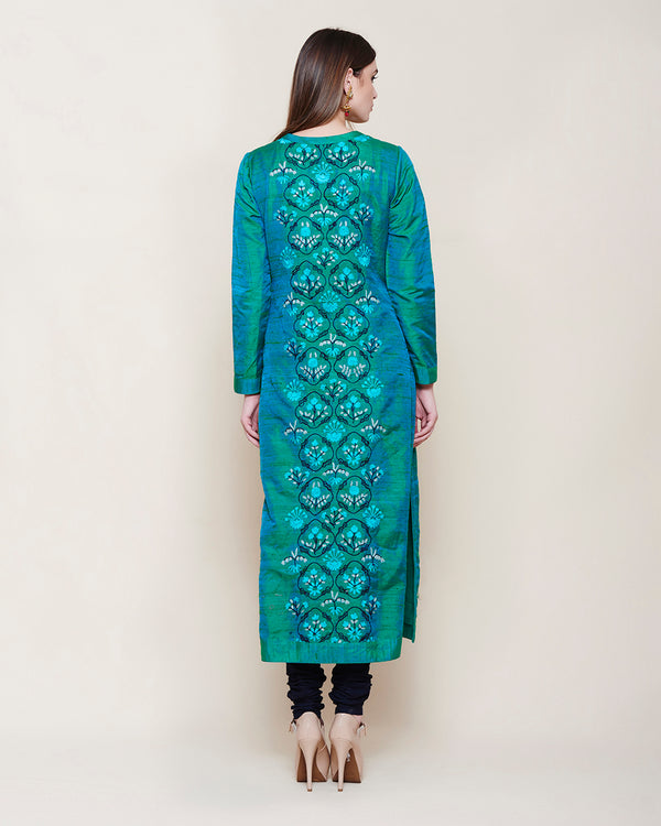 EMERALD GREEN BLUE EMBROIDERED SILK KURTA SET