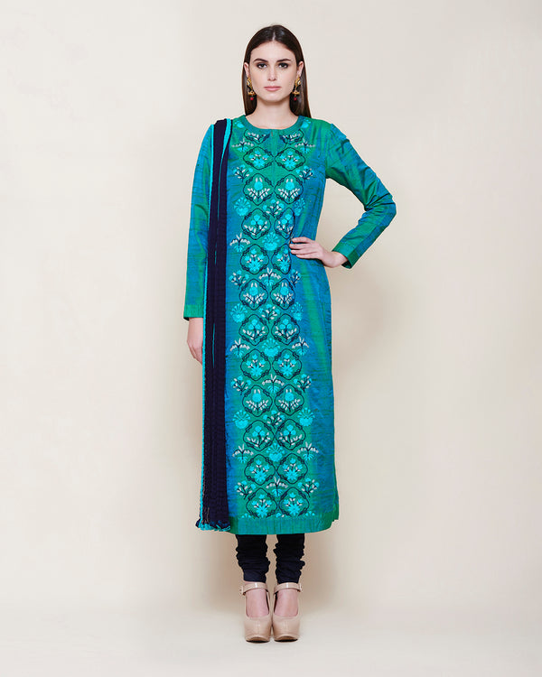 EMERALD GREEN BLUE EMBROIDERED SILK KURTA SET