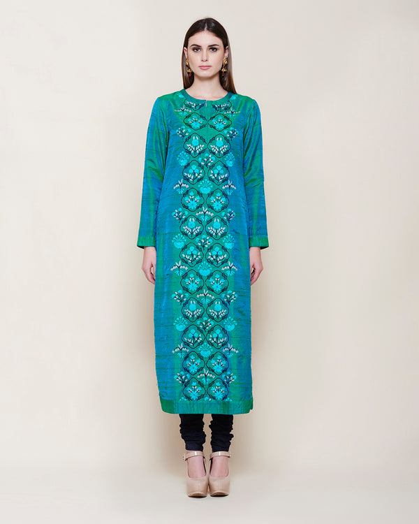 EMERALD GREEN BLUE EMBROIDERED SILK KURTA SET