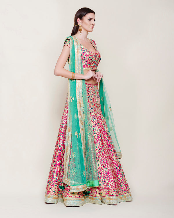 EMERALD PINK GREEN GOTA LEHENGA