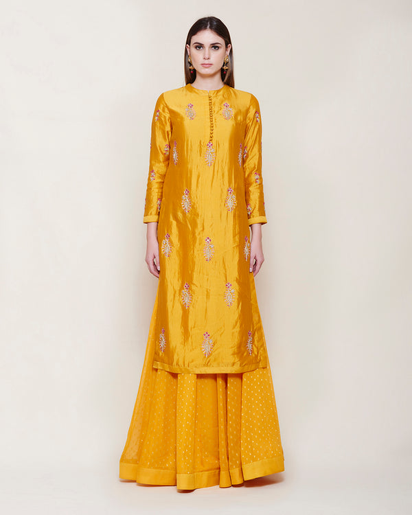 YELLOW ZARDOZI SILK KURTA LEHENGA