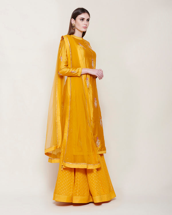 YELLOW ZARDOZI SILK KURTA LEHENGA