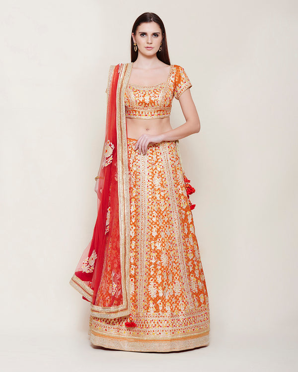 ORANGE BROCADE GOTA EMBROIDERED LEHENGA