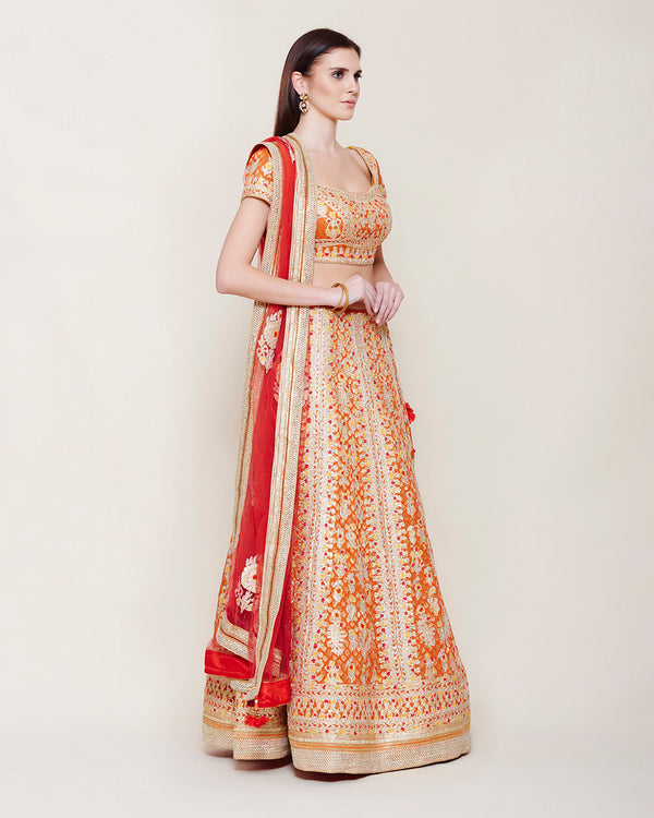 ORANGE BROCADE GOTA EMBROIDERED LEHENGA