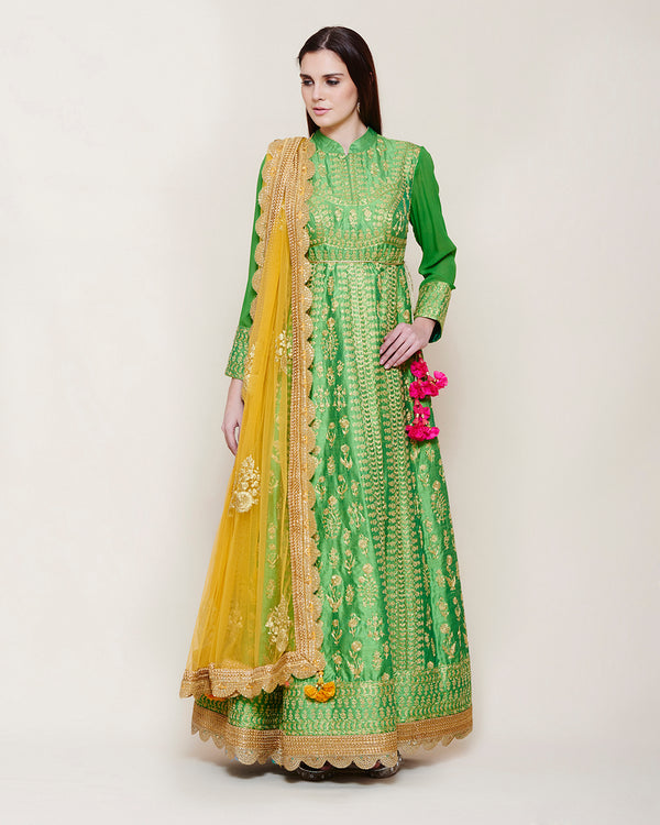 EMERALD GREEN GOLD DORI ANARKALI