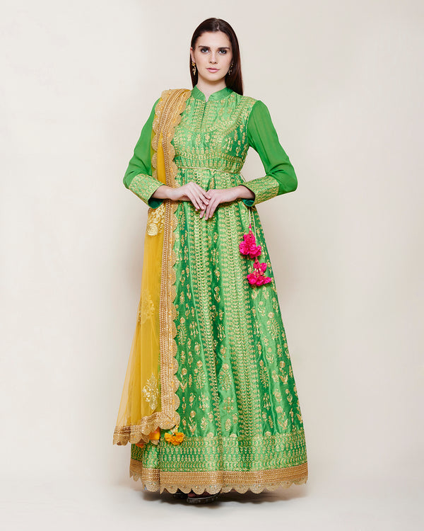 EMERALD GREEN GOLD DORI ANARKALI