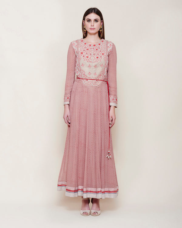 POWDER PINK RED LONG YOKE ANARKALI KURTA