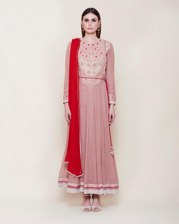 POWDER PINK RED LONG YOKE ANARKALI KURTA