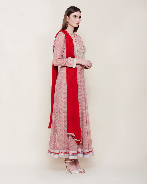 POWDER PINK RED LONG YOKE ANARKALI KURTA