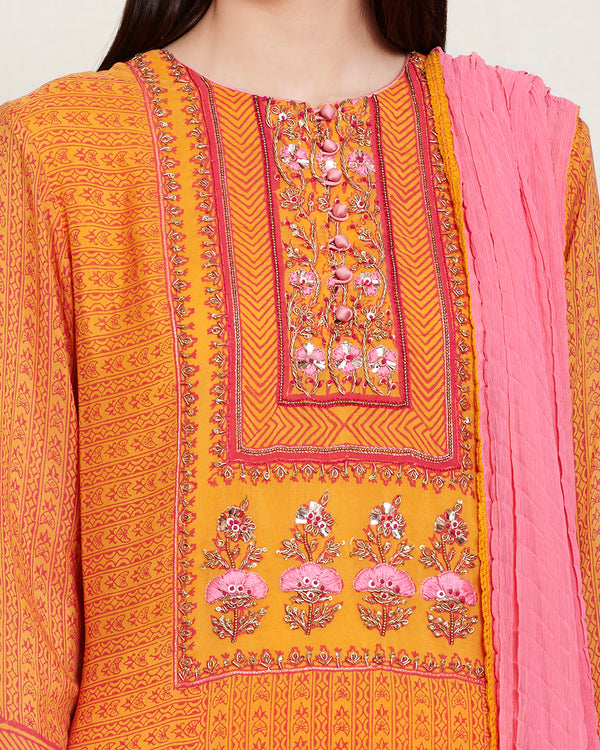 Orange/Pink block printed kurta set