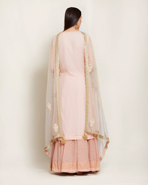 Peach pink kurta & skirt set.