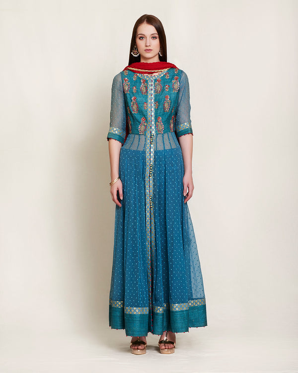 Teal Zardozi long kurta set