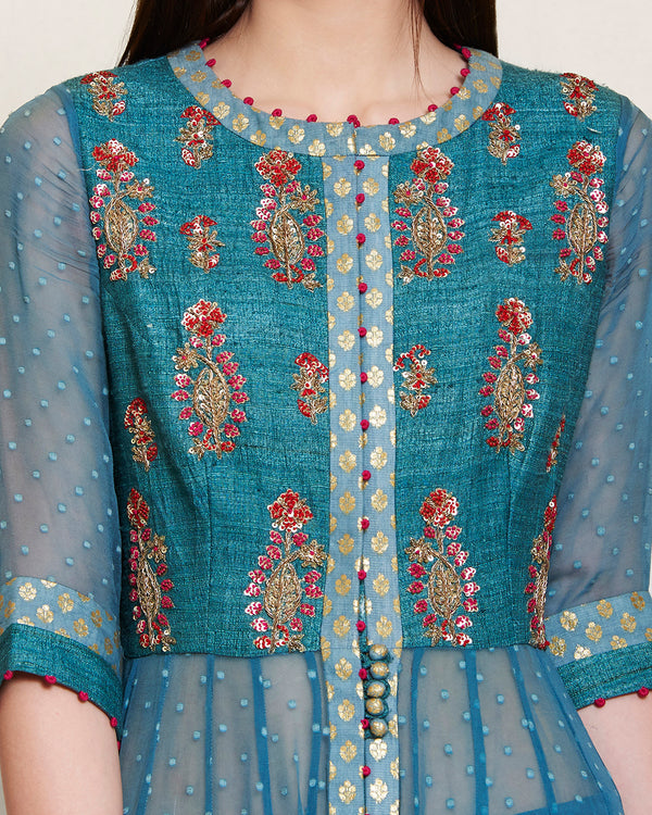 Teal Zardozi long kurta set