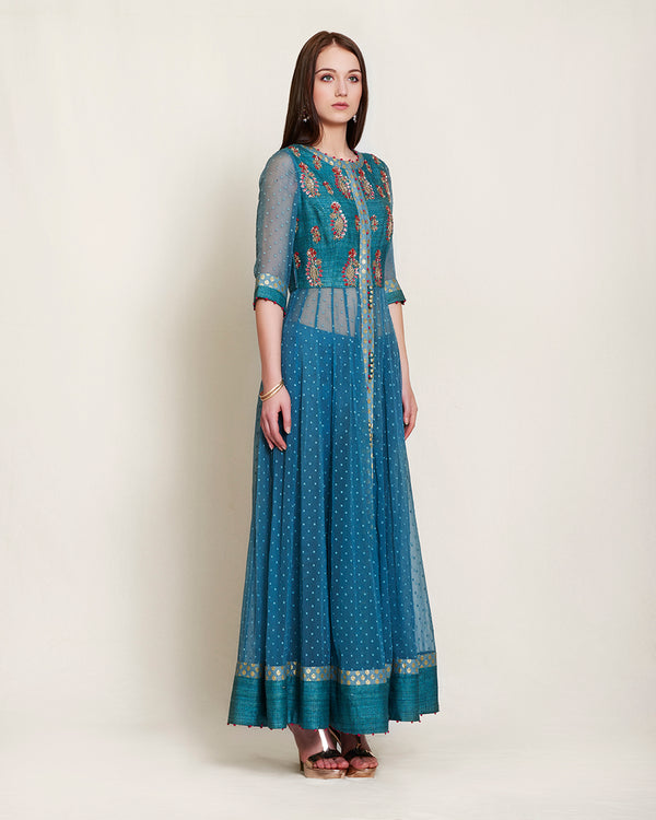 Teal Zardozi long kurta set