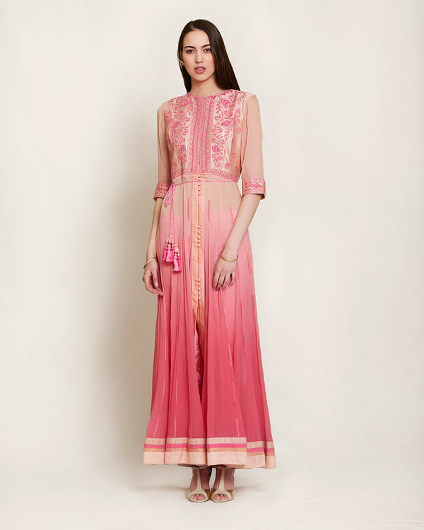 Shaded pink silk &amp; chiffon thread work kurta with churidar