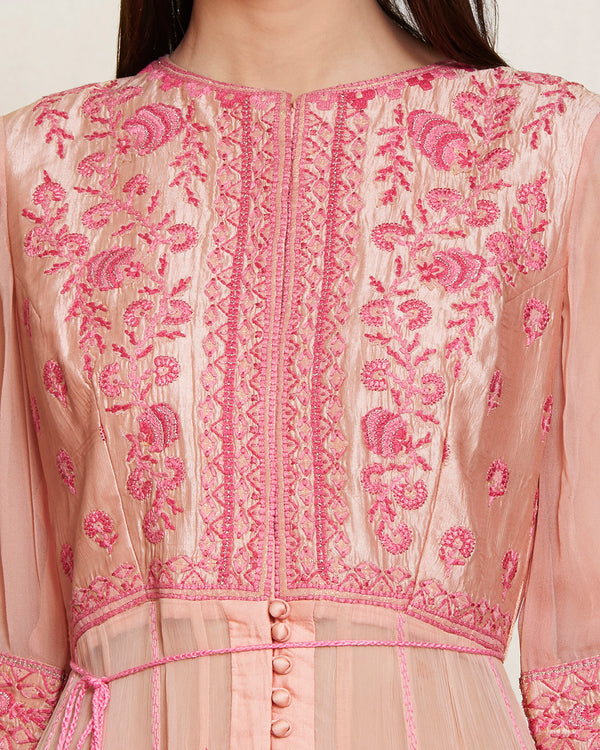 Shaded pink silk &amp; chiffon thread work kurta with churidar