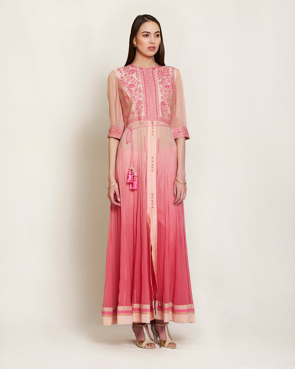 Shaded pink silk &amp; chiffon thread work kurta with churidar