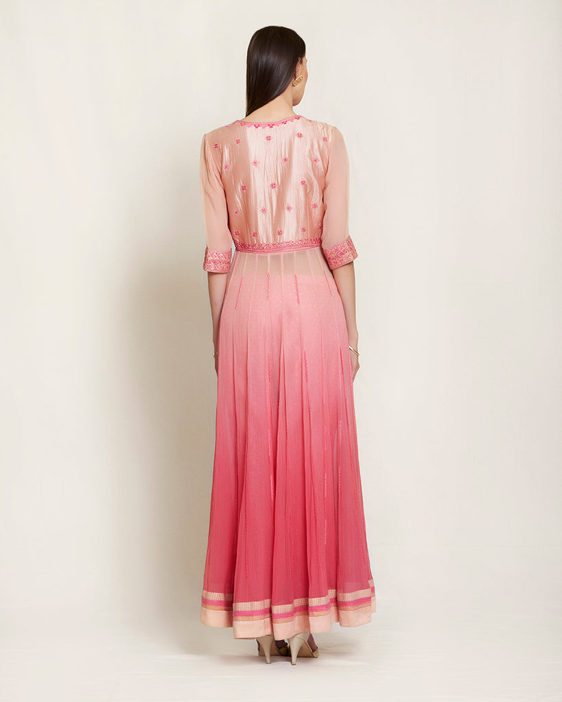 Shaded pink silk &amp; chiffon thread work kurta with churidar