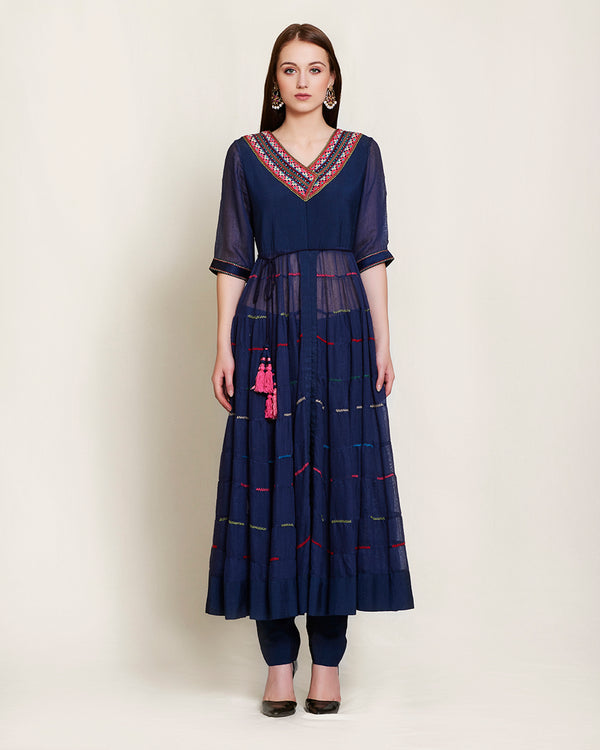 Chanderi, georgette  Navy blue multi tier long kurta