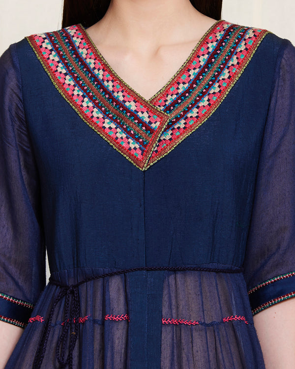 Chanderi, georgette  Navy blue multi tier long kurta