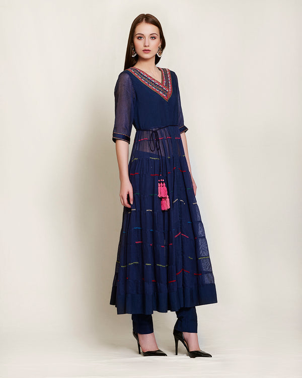 Chanderi, georgette  Navy blue multi tier long kurta