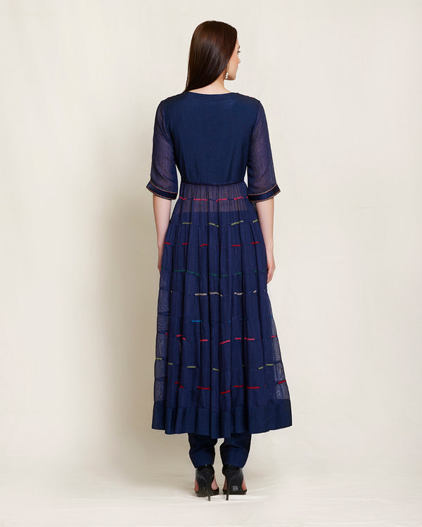 Chanderi, georgette  Navy blue multi tier long kurta